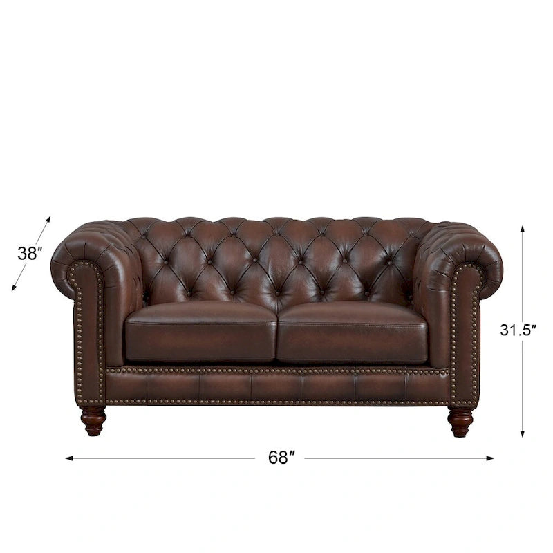 Ensemble de salon Chesterfield 3 pièces en cuir pleine fleur, capitonnage en losanges, ressorts ensachés en duvet d'oie, bois massif, brun caramel