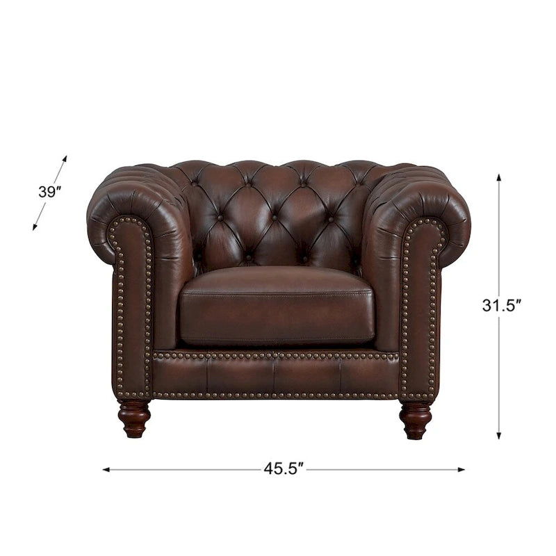 Ensemble de salon Chesterfield 3 pièces en cuir pleine fleur, capitonnage en losanges, ressorts ensachés en duvet d'oie, bois massif, brun caramel