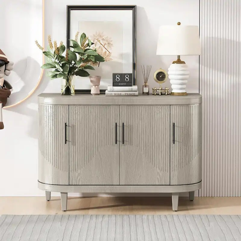 Table console de 47,2" Meuble de bar à café Étagères réglables MDF Placage de frêne Pieds en pin 220 lbs Poignées en alliage de zinc Bleu Champagne