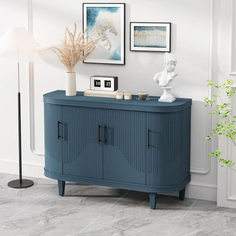 Table console de 47,2" Meuble de bar à café Étagères réglables MDF Placage de frêne Pieds en pin 220 lbs Poignées en alliage de zinc Bleu Champagne