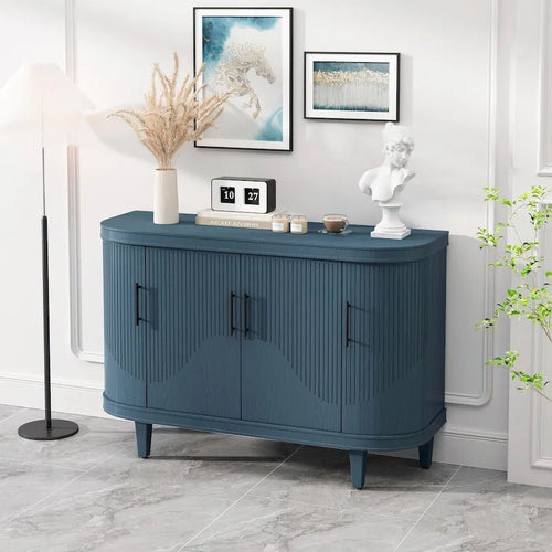 Table console de 47,2" Meuble de bar à café Étagères réglables MDF Placage de frêne Pieds en pin 220 lbs Poignées en alliage de zinc Bleu Champagne
