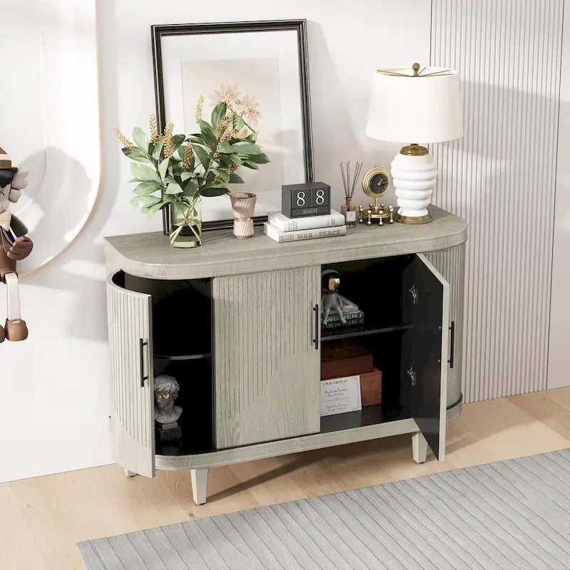 Table console de 47,2" Meuble de bar à café Étagères réglables MDF Placage de frêne Pieds en pin 220 lbs Poignées en alliage de zinc Bleu Champagne