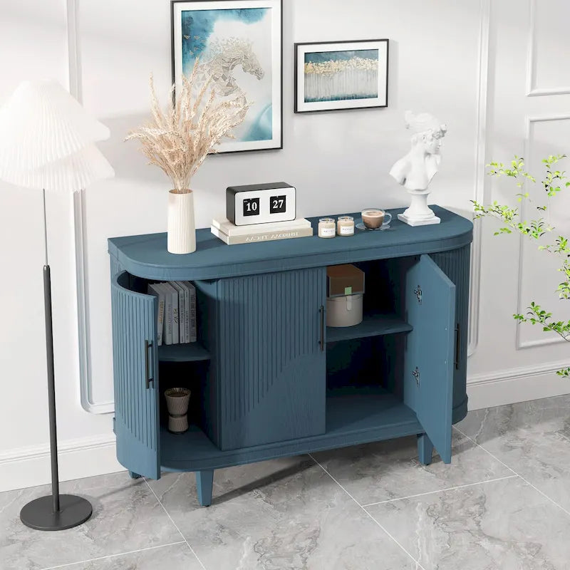 Table console de 47,2" Meuble de bar à café Étagères réglables MDF Placage de frêne Pieds en pin 220 lbs Poignées en alliage de zinc Bleu Champagne