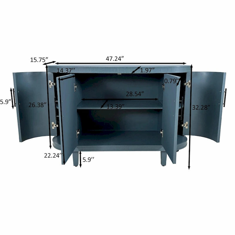 Table console de 47,2" Meuble de bar à café Étagères réglables MDF Placage de frêne Pieds en pin 220 lbs Poignées en alliage de zinc Bleu Champagne