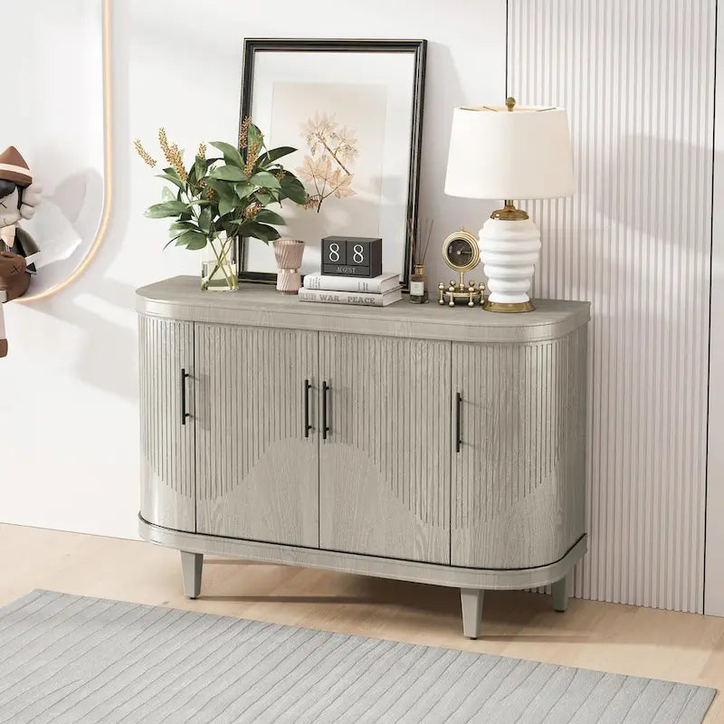 Table console de 47,2" Meuble de bar à café Étagères réglables MDF Placage de frêne Pieds en pin 220 lbs Poignées en alliage de zinc Bleu Champagne