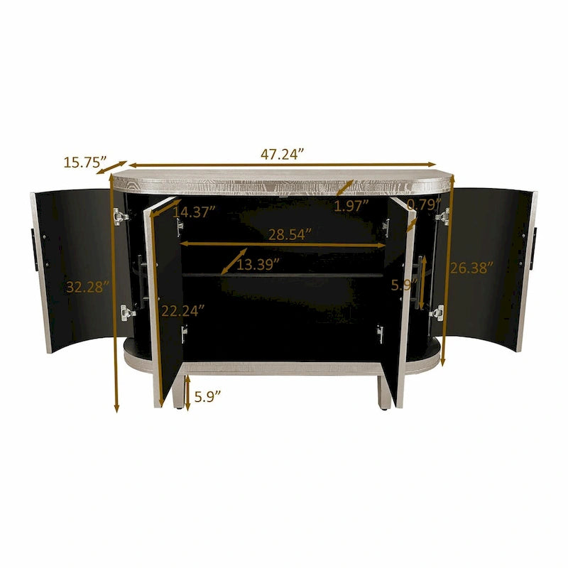 Table console de 47,2" Meuble de bar à café Étagères réglables MDF Placage de frêne Pieds en pin 220 lbs Poignées en alliage de zinc Bleu Champagne