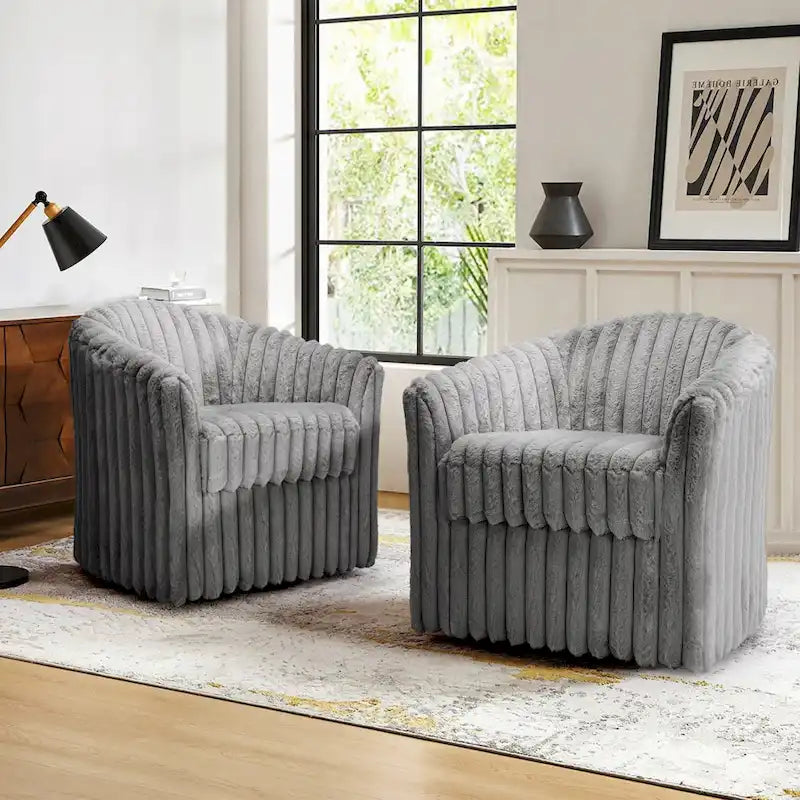Lot de 2 fauteuils pivotants en velours côtelé avec base en métal rotative à 360°, structure en bois, capacité de 125 kg, couleurs : bleu, gris, blanc, chocolat