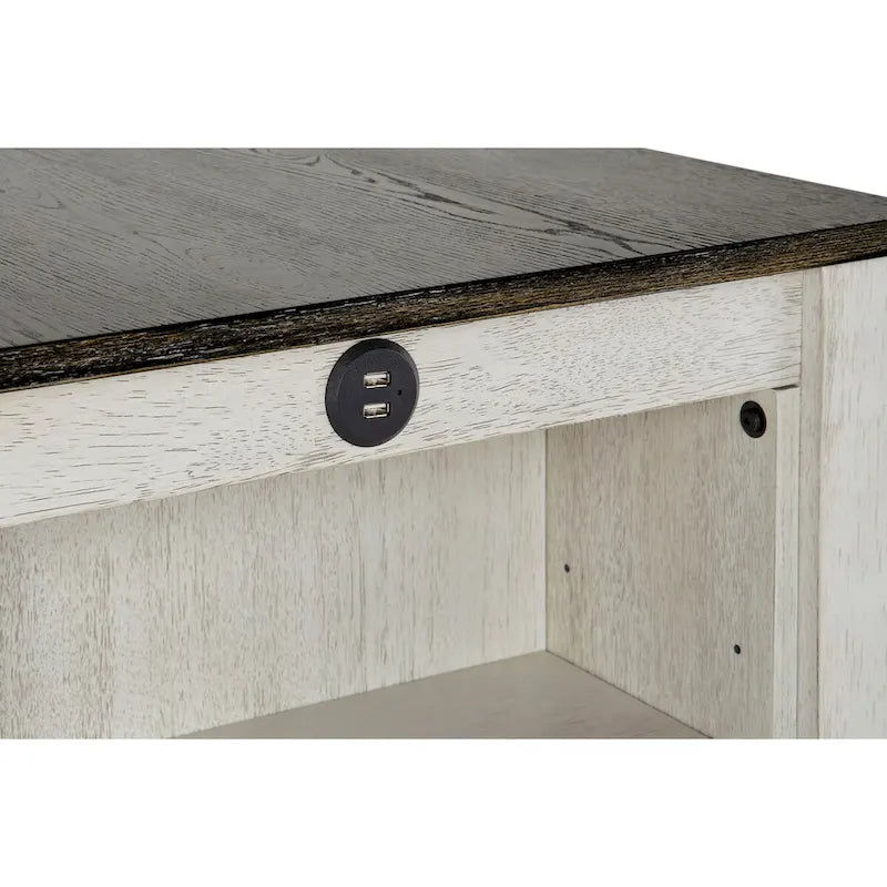 Ensemble de salle à manger 3 pièces hauteur comptoir avec ports USB, placage en chêne noueux, étagères réglables et 2 tabourets de bar