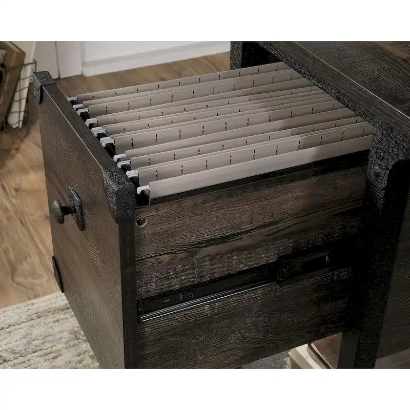 Bureau à domicile 3 tiroirs 2 étagères ouvertes Cadre métallique Style industriel Plateau en bois Chêne Carbonized Mesquite fraisé