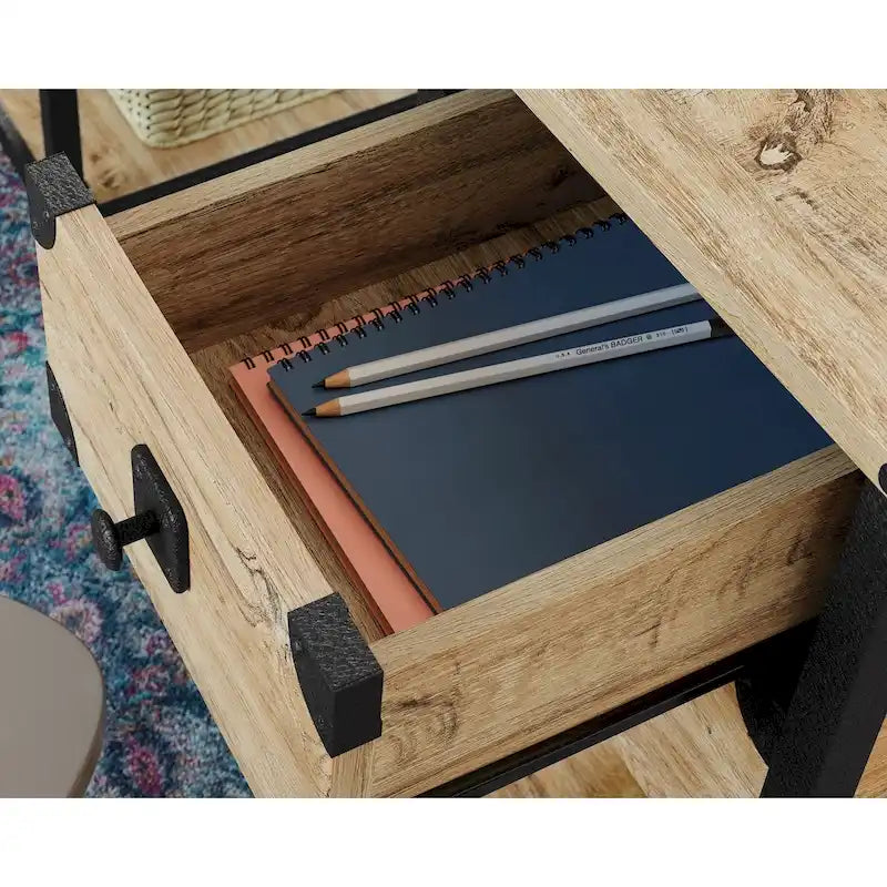 Bureau à domicile 3 tiroirs 2 étagères ouvertes Cadre métallique Style industriel Plateau en bois Chêne Carbonized Mesquite fraisé