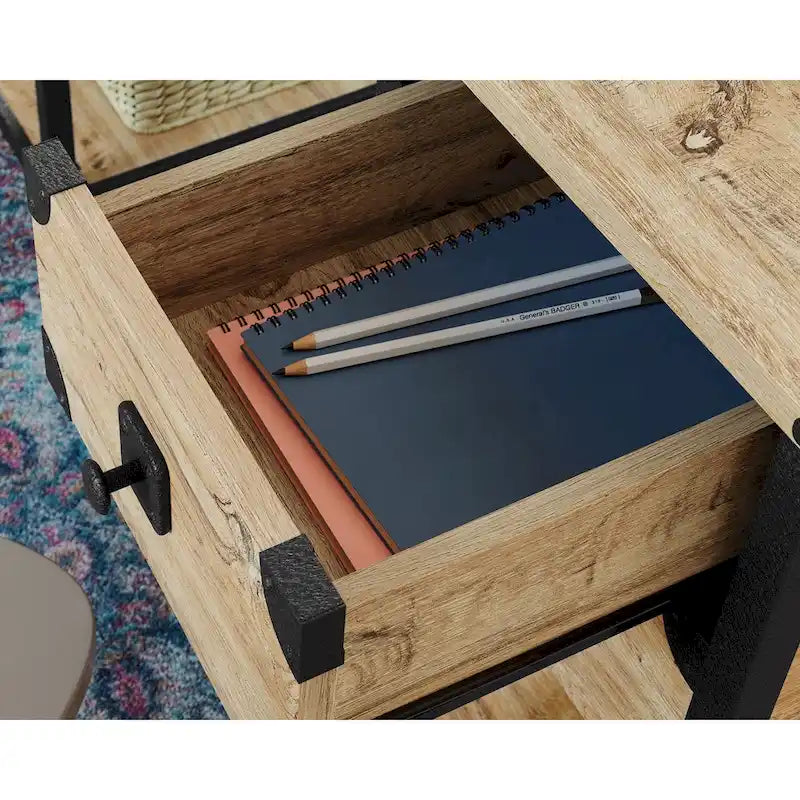 Bureau à domicile 3 tiroirs 2 étagères ouvertes Cadre métallique Style industriel Plateau en bois Chêne Carbonized Mesquite fraisé