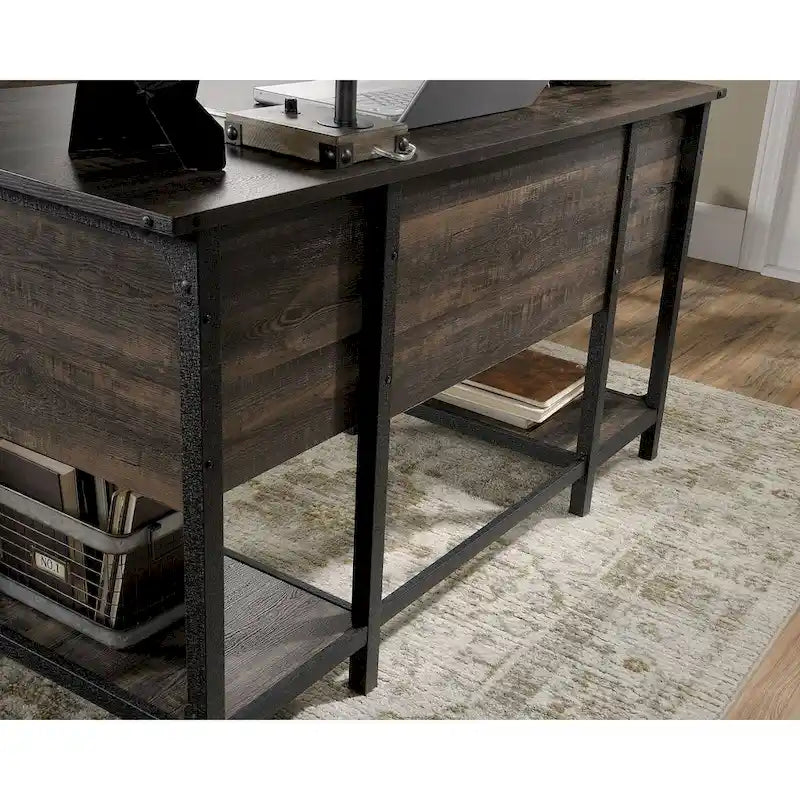 Bureau à domicile 3 tiroirs 2 étagères ouvertes Cadre métallique Style industriel Plateau en bois Chêne Carbonized Mesquite fraisé