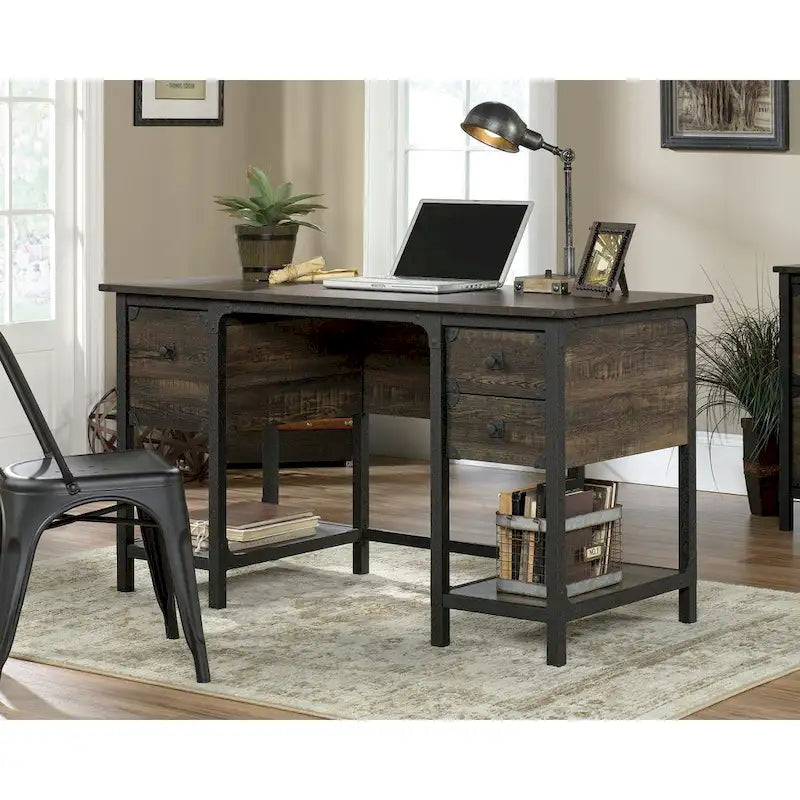 Bureau à domicile 3 tiroirs 2 étagères ouvertes Cadre métallique Style industriel Plateau en bois Chêne Carbonized Mesquite fraisé