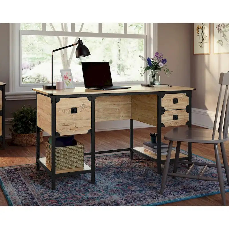 Bureau à domicile 3 tiroirs 2 étagères ouvertes Cadre métallique Style industriel Plateau en bois Chêne Carbonized Mesquite fraisé