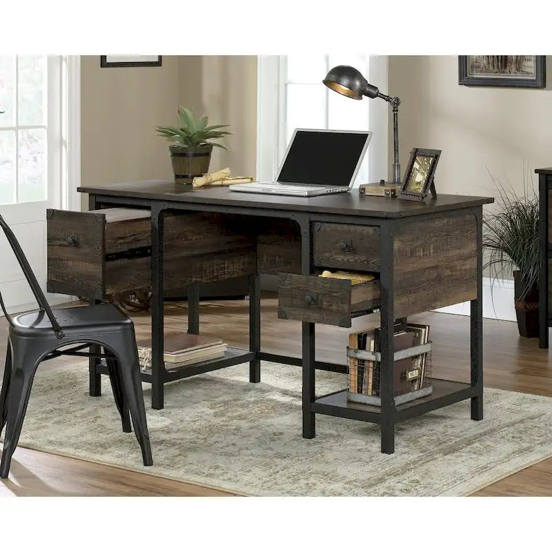 Bureau à domicile 3 tiroirs 2 étagères ouvertes Cadre métallique Style industriel Plateau en bois Chêne Carbonized Mesquite fraisé