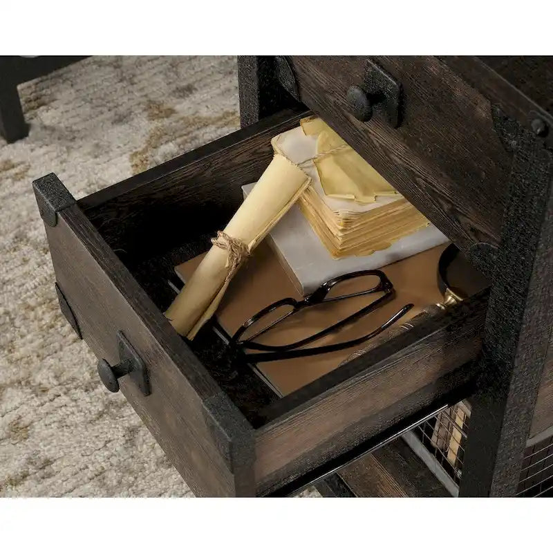 Bureau à domicile 3 tiroirs 2 étagères ouvertes Cadre métallique Style industriel Plateau en bois Chêne Carbonized Mesquite fraisé