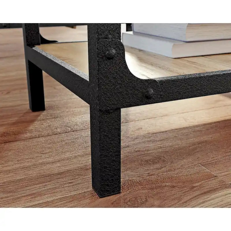 Bureau à domicile 3 tiroirs 2 étagères ouvertes Cadre métallique Style industriel Plateau en bois Chêne Carbonized Mesquite fraisé