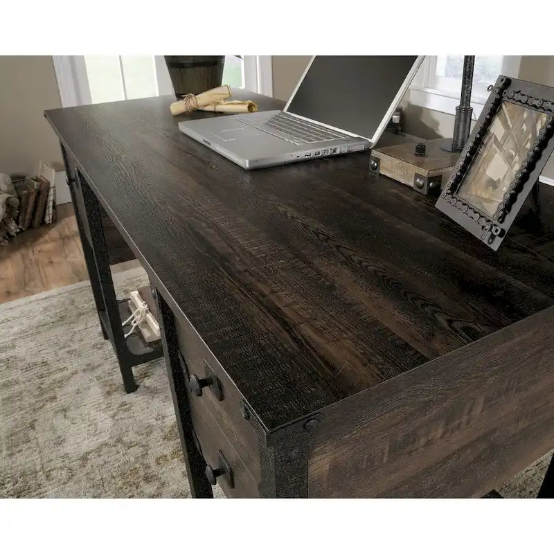 Bureau à domicile 3 tiroirs 2 étagères ouvertes Cadre métallique Style industriel Plateau en bois Chêne Carbonized Mesquite fraisé