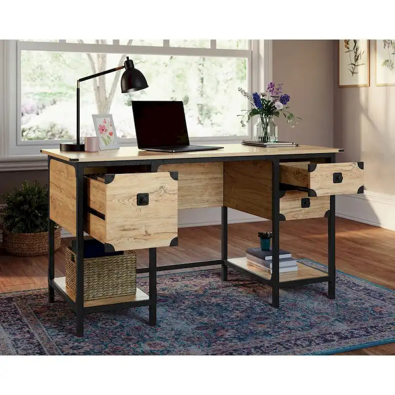 Bureau à domicile 3 tiroirs 2 étagères ouvertes Cadre métallique Style industriel Plateau en bois Chêne Carbonized Mesquite fraisé