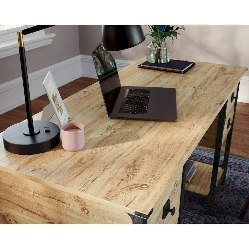 Bureau à domicile 3 tiroirs 2 étagères ouvertes Cadre métallique Style industriel Plateau en bois Chêne Carbonized Mesquite fraisé