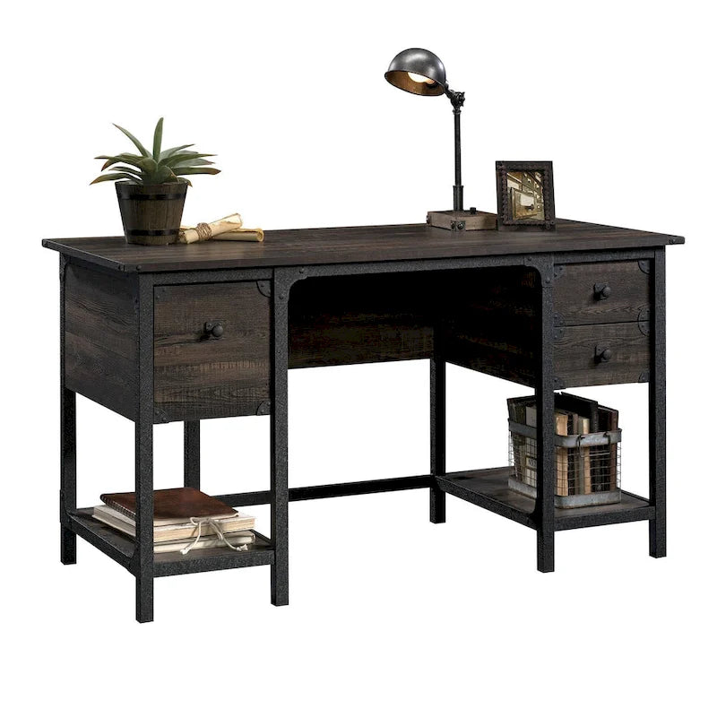 Bureau à domicile 3 tiroirs 2 étagères ouvertes Cadre métallique Style industriel Plateau en bois Chêne Carbonized Mesquite fraisé