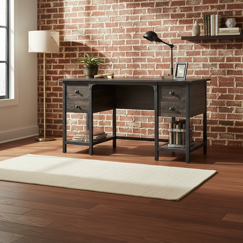 Bureau à domicile 3 tiroirs 2 étagères ouvertes Cadre métallique Style industriel Plateau en bois Chêne Carbonized Mesquite fraisé
