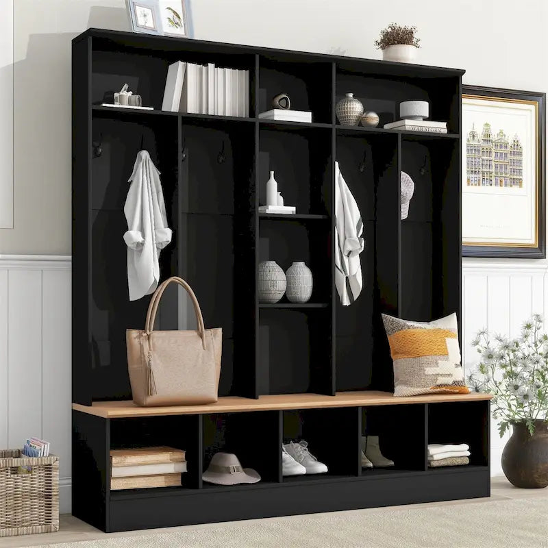 Meuble d'entrée avec banc de rangement, 4-en-1, 8 crochets, 5 étagères cubiques, 170 cm L, 245 kg, Noir/Blanc