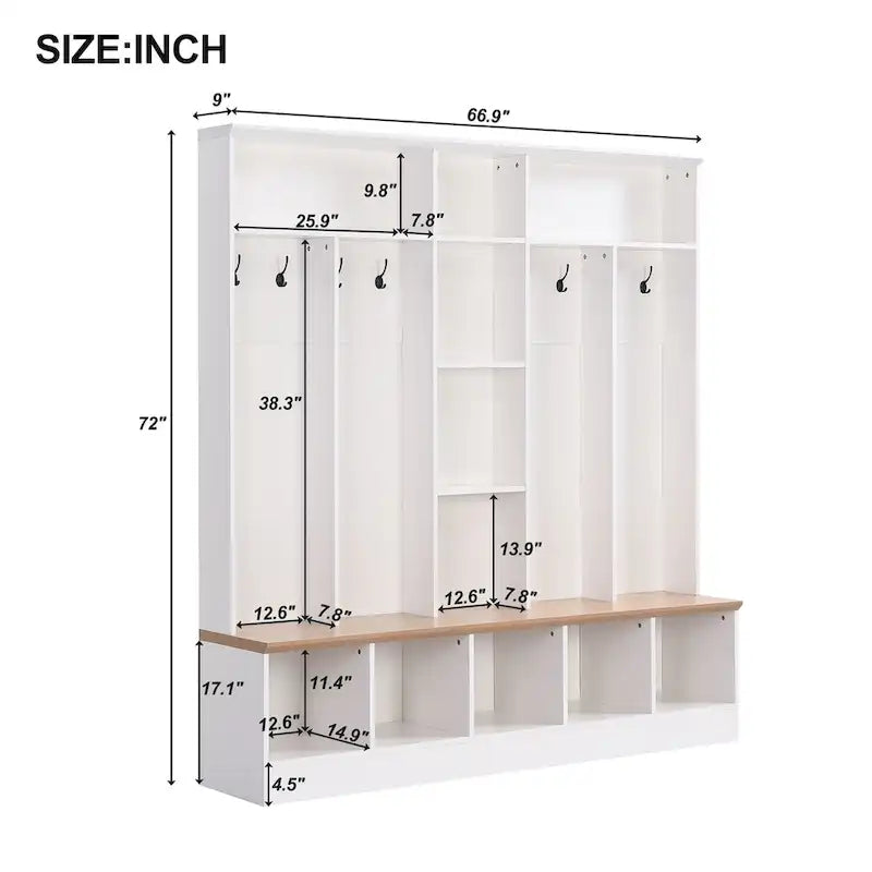 Meuble d'entrée avec banc de rangement, 4-en-1, 8 crochets, 5 étagères cubiques, 170 cm L, 245 kg, Noir/Blanc