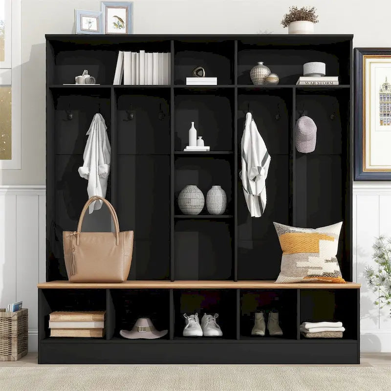 Meuble d'entrée avec banc de rangement, 4-en-1, 8 crochets, 5 étagères cubiques, 170 cm L, 245 kg, Noir/Blanc