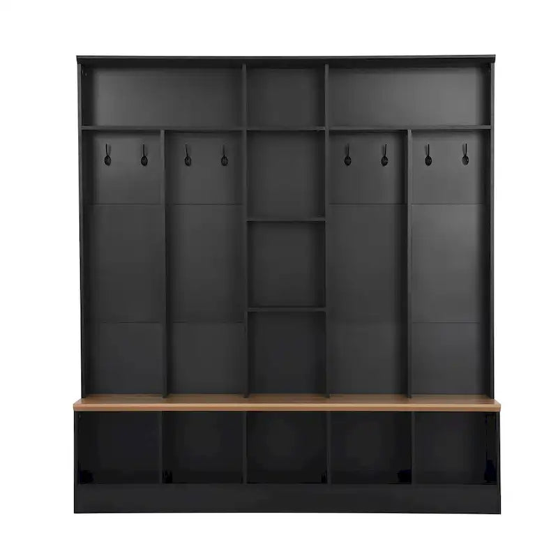 Meuble d'entrée avec banc de rangement, 4-en-1, 8 crochets, 5 étagères cubiques, 170 cm L, 245 kg, Noir/Blanc