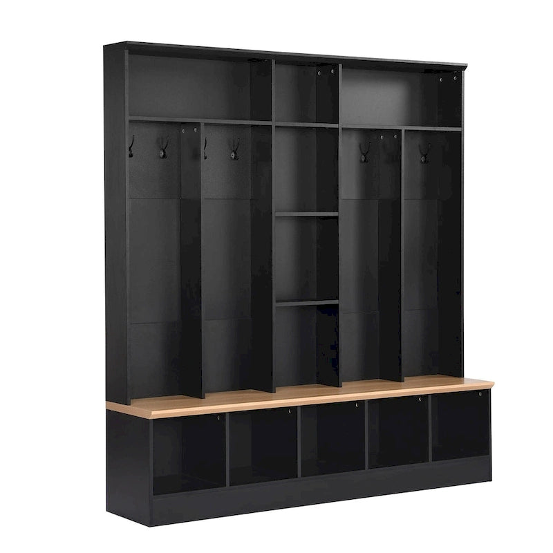 Meuble d'entrée avec banc de rangement, 4-en-1, 8 crochets, 5 étagères cubiques, 170 cm L, 245 kg, Noir/Blanc