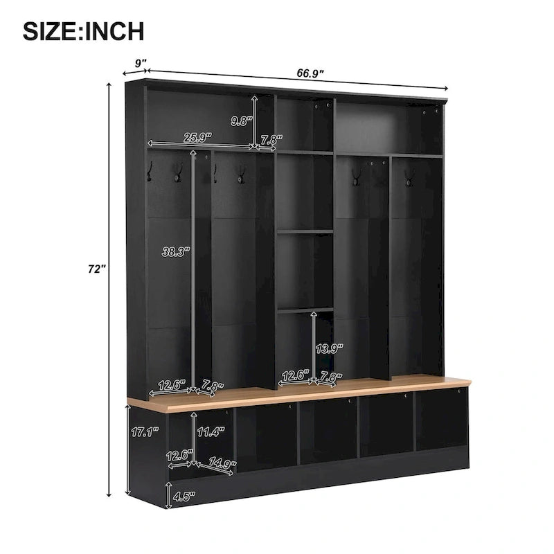 Meuble d'entrée avec banc de rangement, 4-en-1, 8 crochets, 5 étagères cubiques, 170 cm L, 245 kg, Noir/Blanc