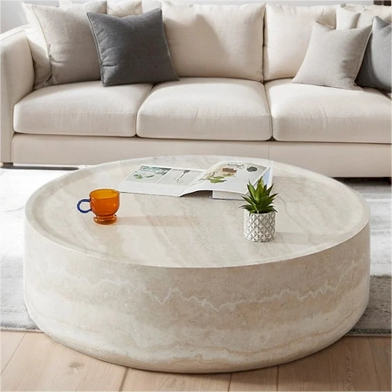 Table basse ronde 31,5" en fibre de verre, aucun assemblage requis, résistante aux rayures, imperméable, moderne pour salon, marbre noir et blanc