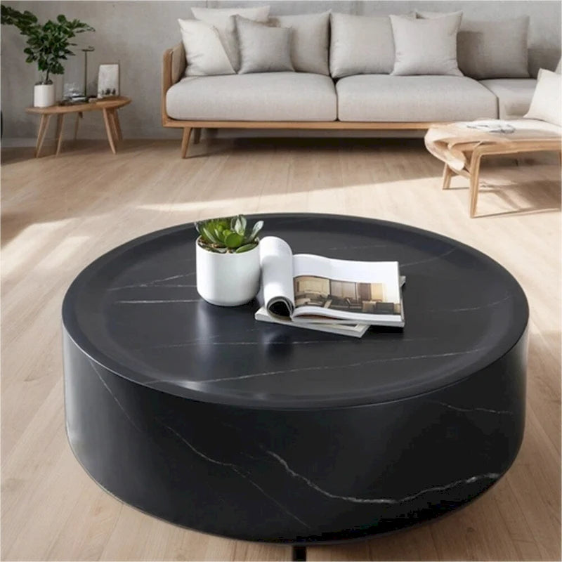Table basse ronde 31,5" en fibre de verre, aucun assemblage requis, résistante aux rayures, imperméable, moderne pour salon, marbre noir et blanc