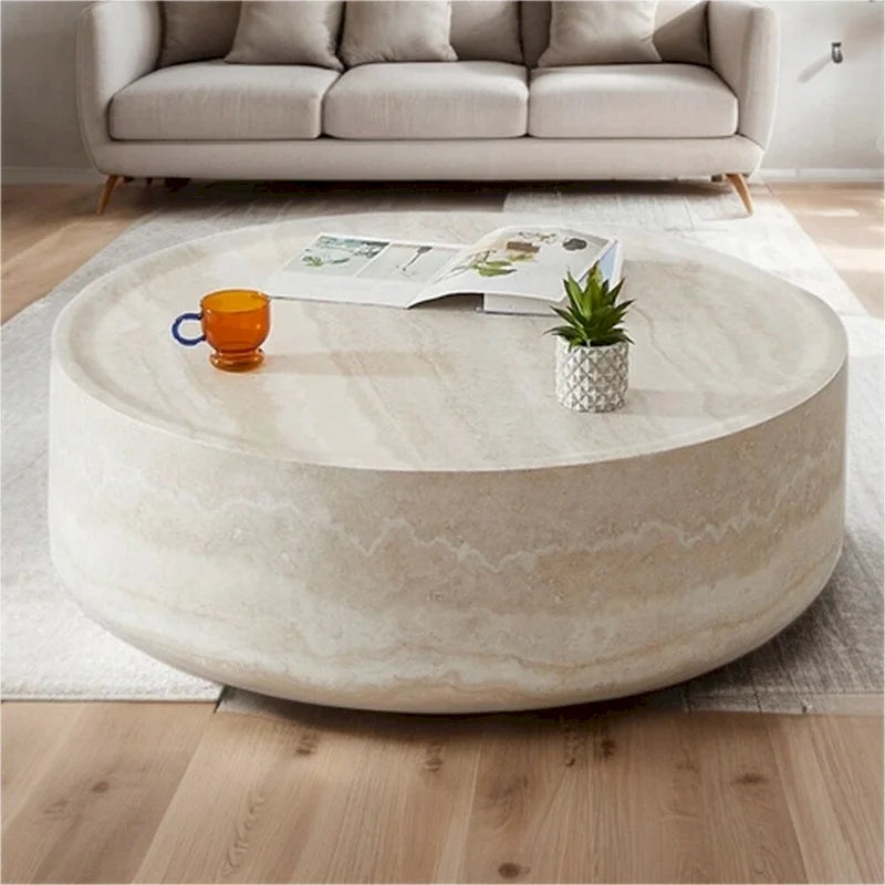 Table basse ronde 31,5" en fibre de verre, aucun assemblage requis, résistante aux rayures, imperméable, moderne pour salon, marbre noir et blanc