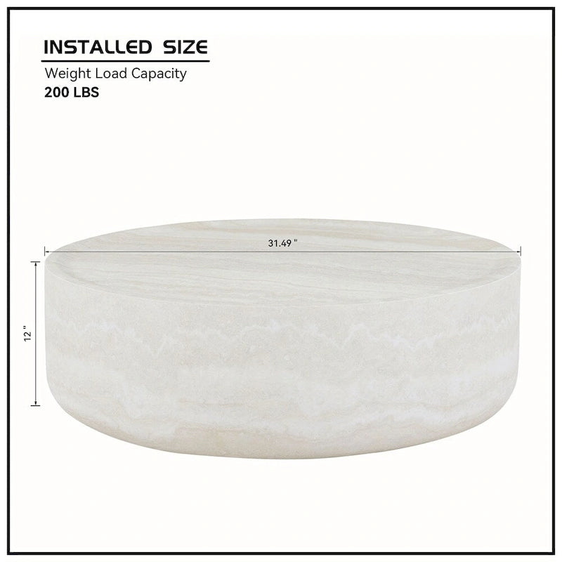 Table basse ronde 31,5" en fibre de verre, aucun assemblage requis, résistante aux rayures, imperméable, moderne pour salon, marbre noir et blanc