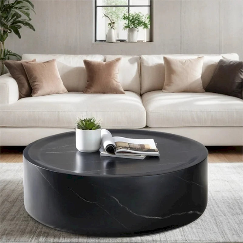 Table basse ronde 31,5" en fibre de verre, aucun assemblage requis, résistante aux rayures, imperméable, moderne pour salon, marbre noir et blanc