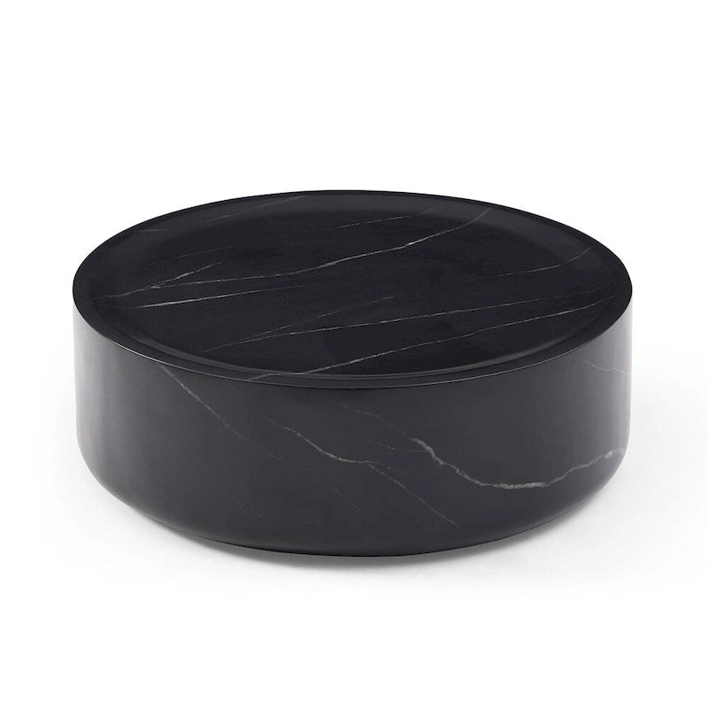 Table basse ronde 31,5" en fibre de verre, aucun assemblage requis, résistante aux rayures, imperméable, moderne pour salon, marbre noir et blanc