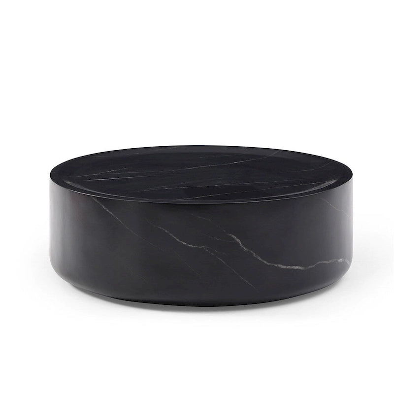 Table basse ronde 31,5" en fibre de verre, aucun assemblage requis, résistante aux rayures, imperméable, moderne pour salon, marbre noir et blanc