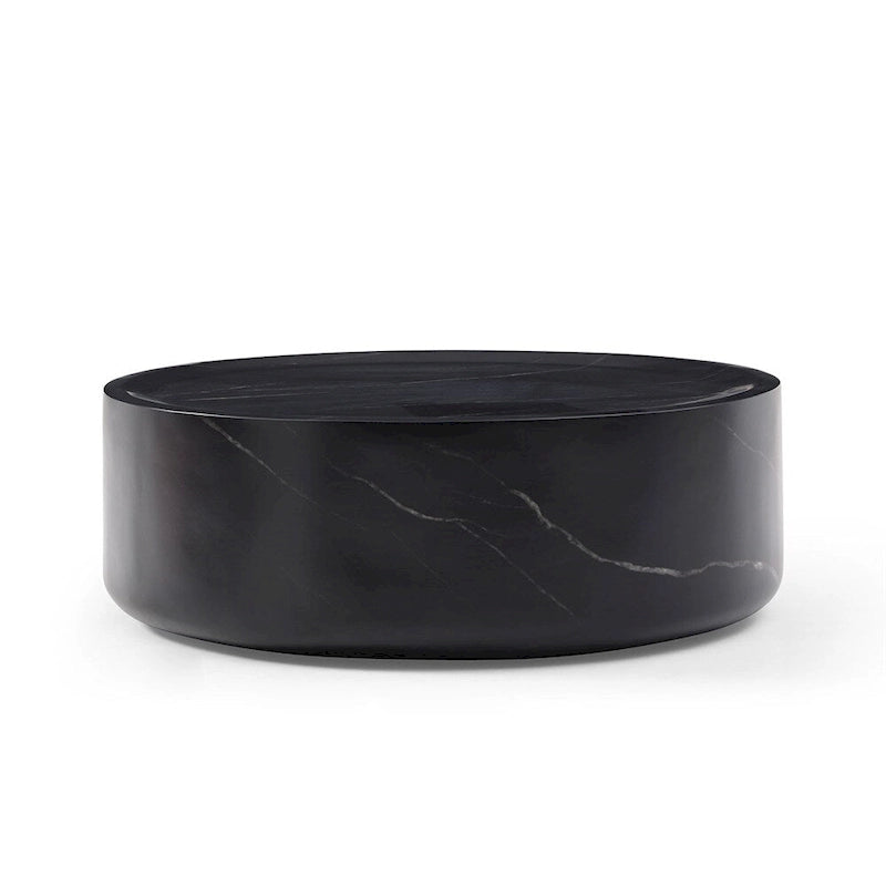 Table basse ronde 31,5" en fibre de verre, aucun assemblage requis, résistante aux rayures, imperméable, moderne pour salon, marbre noir et blanc