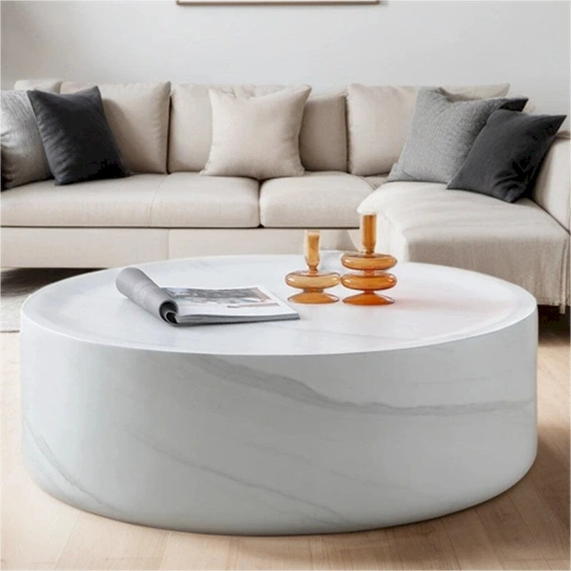 Table basse ronde 31,5" en fibre de verre, aucun assemblage requis, résistante aux rayures, imperméable, moderne pour salon, marbre noir et blanc