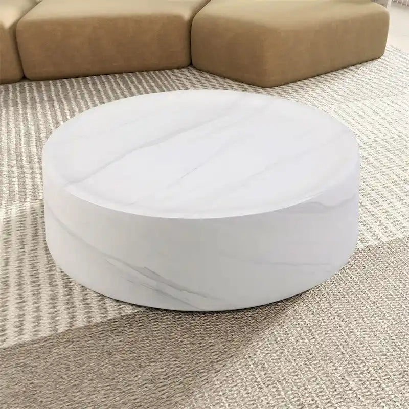 Table basse ronde 31,5" en fibre de verre, aucun assemblage requis, résistante aux rayures, imperméable, moderne pour salon, marbre noir et blanc