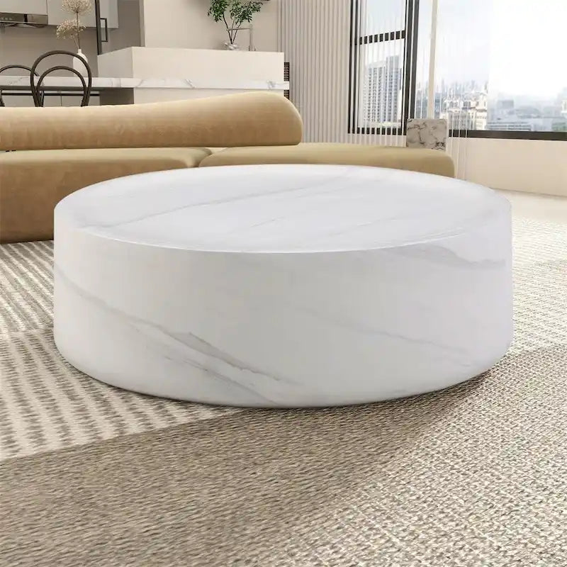 Table basse ronde 31,5" en fibre de verre, aucun assemblage requis, résistante aux rayures, imperméable, moderne pour salon, marbre noir et blanc