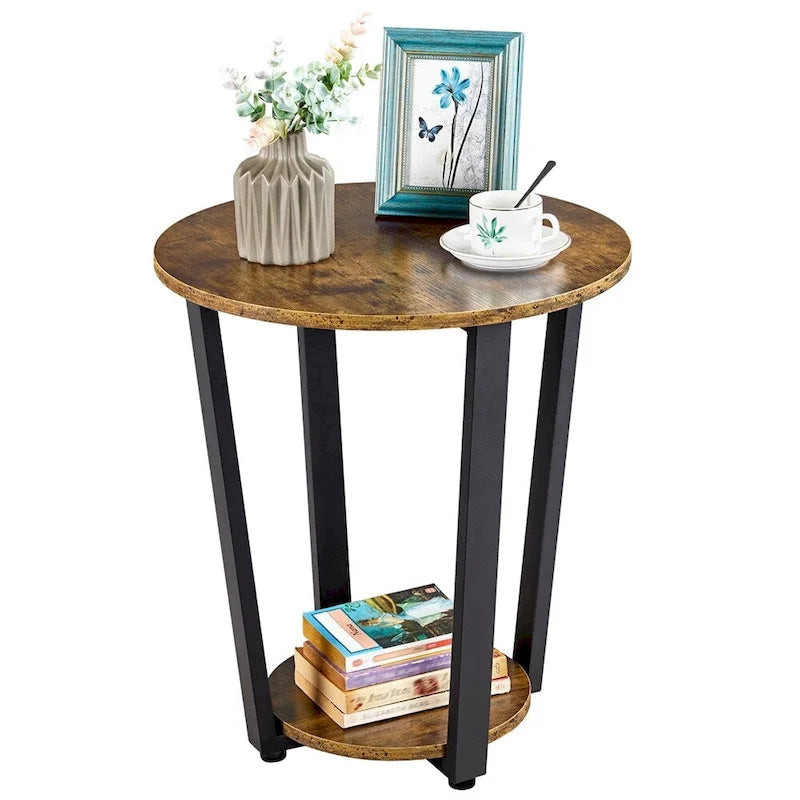 Table d'appoint ronde en métal avec étagère de rangement, plateau de 50,8 cm, capacité de 90 kg, pieds réglables, style industriel rustique