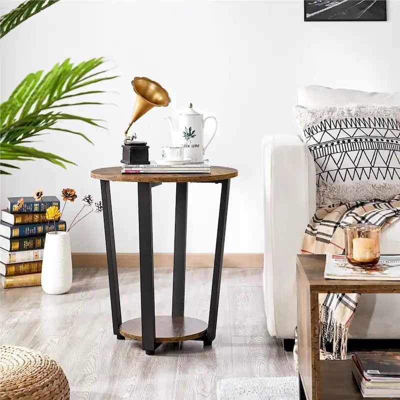 Table d'appoint ronde en métal avec étagère de rangement, plateau de 50,8 cm, capacité de 90 kg, pieds réglables, style industriel rustique