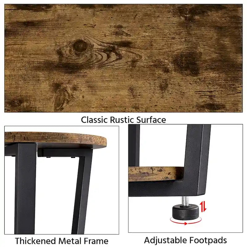 Table d'appoint ronde en métal avec étagère de rangement, plateau de 50,8 cm, capacité de 90 kg, pieds réglables, style industriel rustique