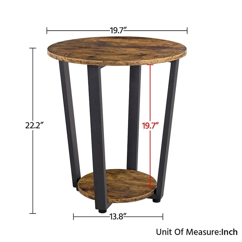 Table d'appoint ronde en métal avec étagère de rangement, plateau de 50,8 cm, capacité de 90 kg, pieds réglables, style industriel rustique