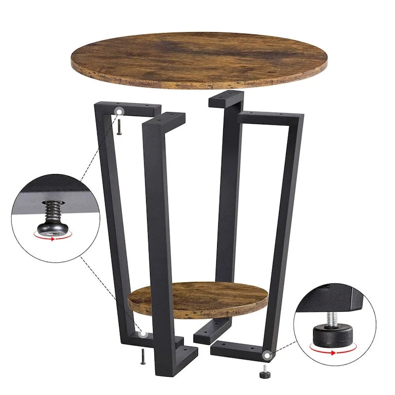 Table d'appoint ronde en métal avec étagère de rangement, plateau de 50,8 cm, capacité de 90 kg, pieds réglables, style industriel rustique