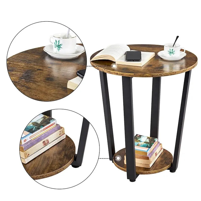 Table d'appoint ronde en métal avec étagère de rangement, plateau de 50,8 cm, capacité de 90 kg, pieds réglables, style industriel rustique