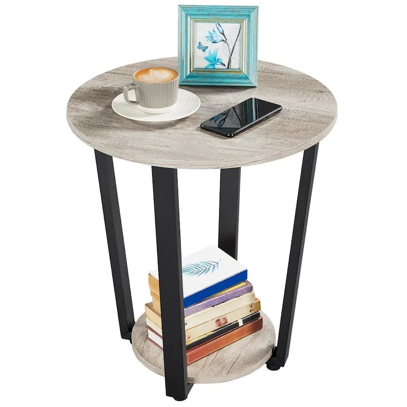 Table d'appoint ronde en métal avec étagère de rangement, plateau de 50,8 cm, capacité de 90 kg, pieds réglables, style industriel rustique
